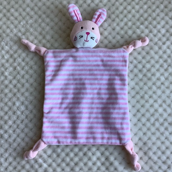 Pink and White Striped Bunny Rabbit Lovey Rattle Security Blanket Toy Knotted - Picture 2 of 8